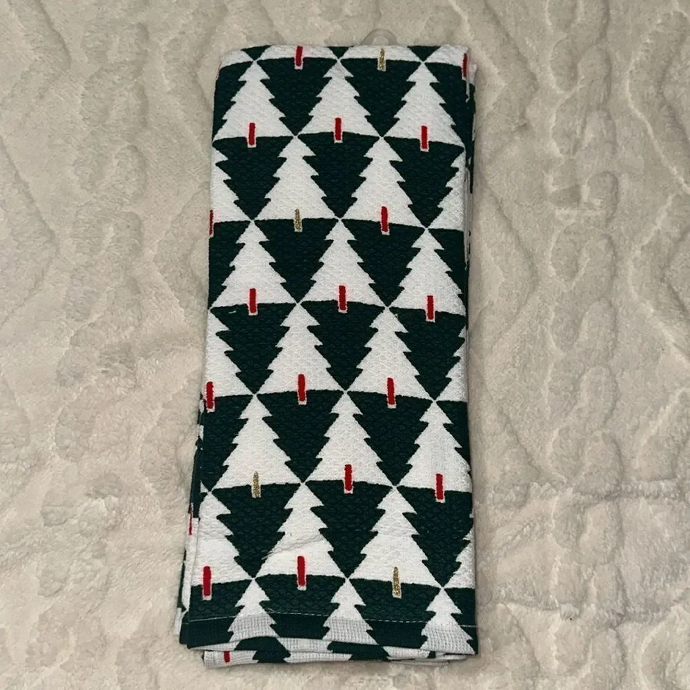 kate spade 2 Cotton White Green Red Gold Metallic Christmas Tree Kitchen Towels